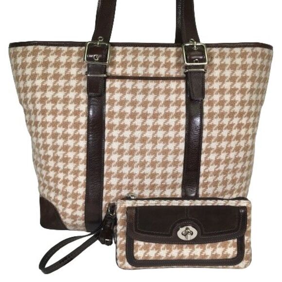 Coach Houndstooth Ivory Brown Wool Houndstooth Suede Leather Tote Wristlet 5178 - Picture 1 of 16